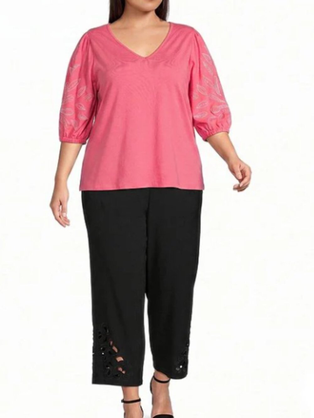 Investments Plus Size Elbow Sleeve Embroidery V-Neck Knit Top Sz 1X